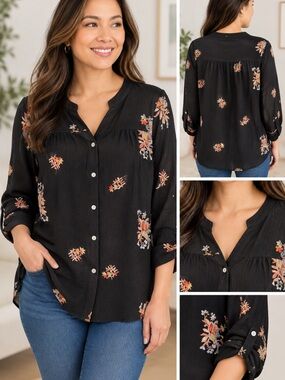 Ana & Rose Women's Black Floral Button-Front Blouse 1X